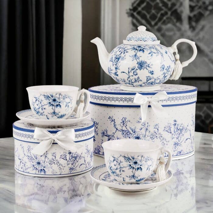STP - Wholesale Tea Pot - Vintage Blue Flowers Bone China Teapot in Gift Box