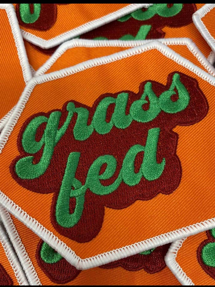 "Grass Fed," Iron-on Patch, Size 4"x3" for wholesale by Patch Party Club