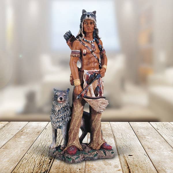 17"H Indian Warrior Wolf Native American Figurine Home Decor for wholesale by FC Design
