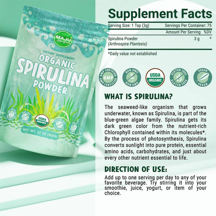 Maju Superfoods - Wholesale Protein/Superfood Powder - MAJU Organic Spirulina Powder (2lb)