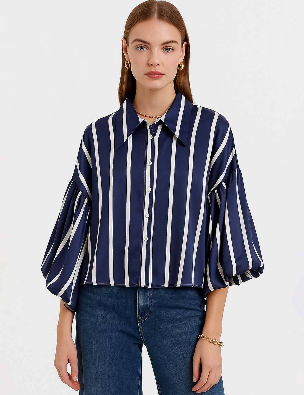 Sweetkama – wholesale Buttoned-down shirt – Women's – Ladies Striped Puff Sleeves Button Shirt SP0687