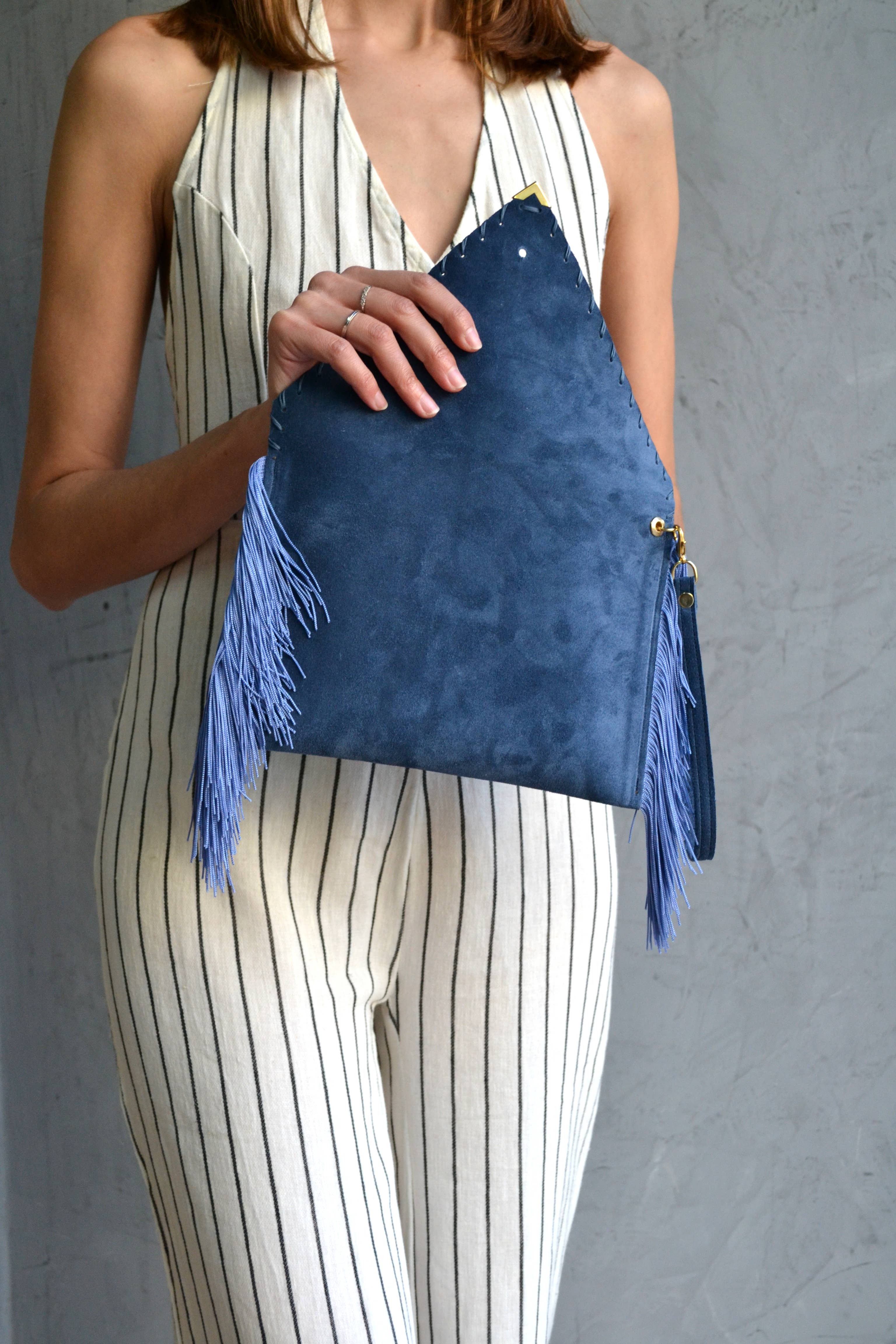 ANA KOUTSI - Wholesale Clutch Bag - Women's - Medusa Clutchin raf blue with silk fringes5