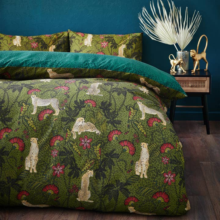 Moss Teal Tropica Cheetah Botanical Duvet Cover Set Moss/Teal for wholesale on Faire