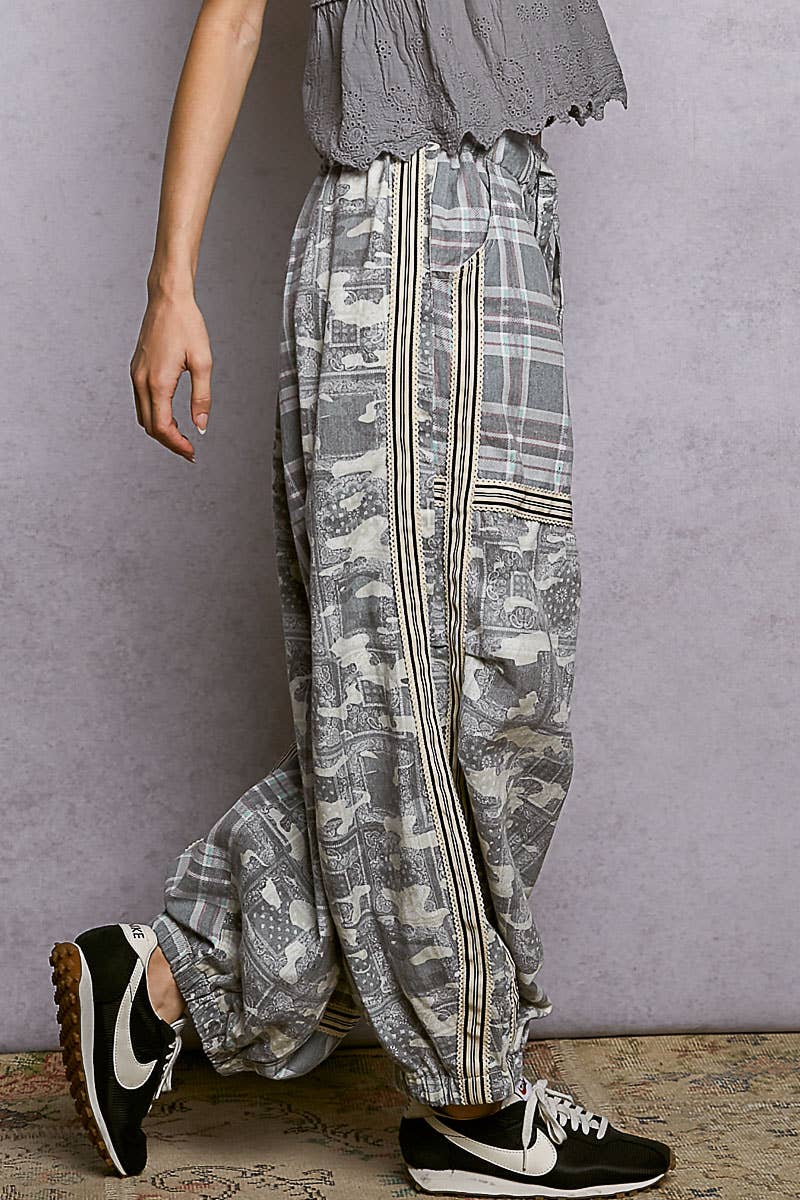 Pol Clothing - Wholesale Pants - Women's - Printed Woven Contrast Band Trim Jogger Pants1