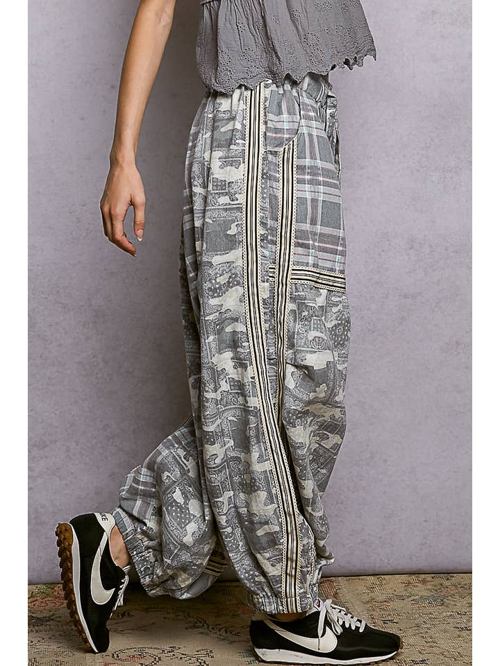 Pol Clothing - Wholesale Pants - Women's - Printed Woven Contrast Band Trim Jogger Pants1