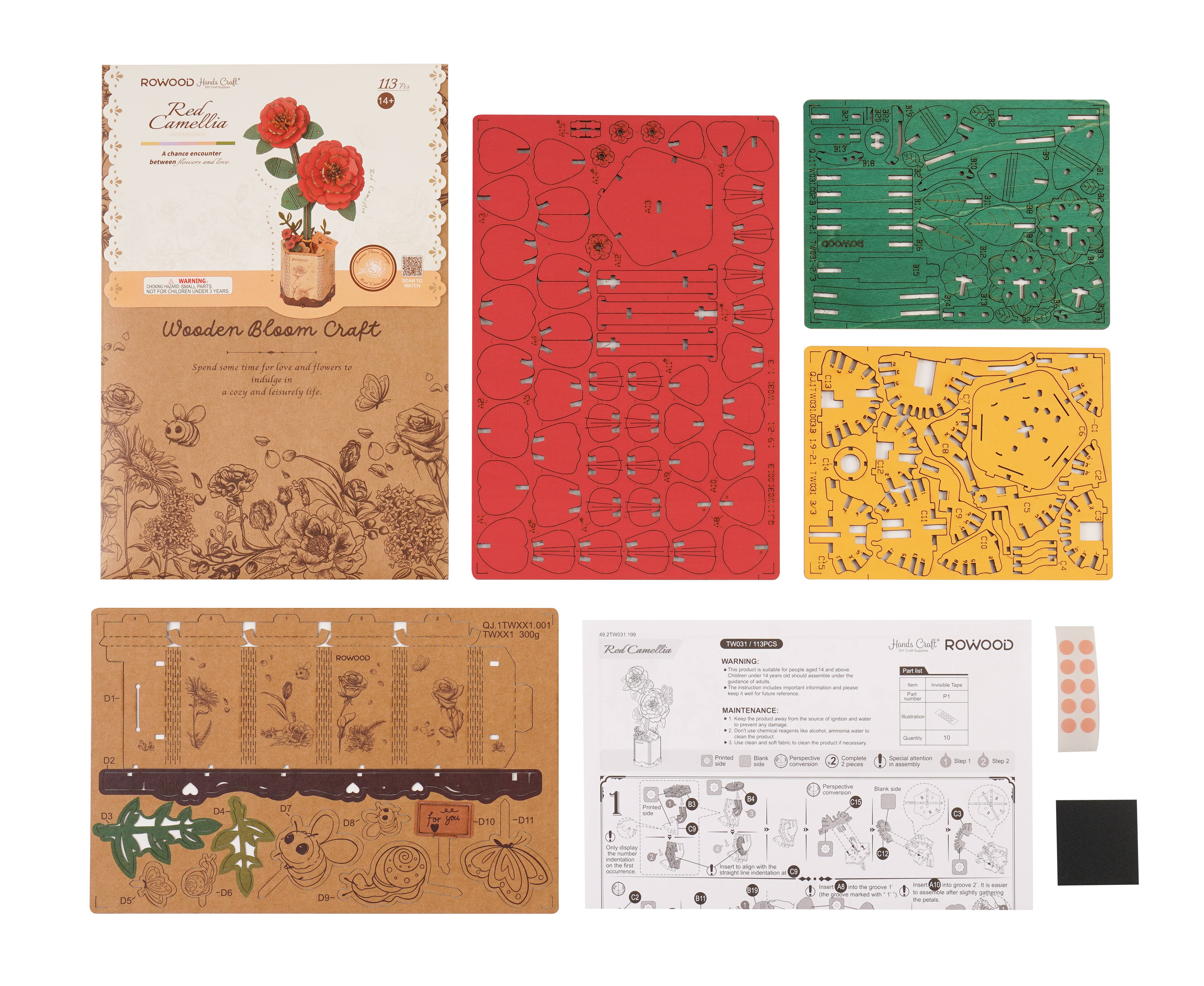 Hands Craft - Wholesale Puzzle - Kids - 3D Wooden Flower Puzzle: Red Camellia3