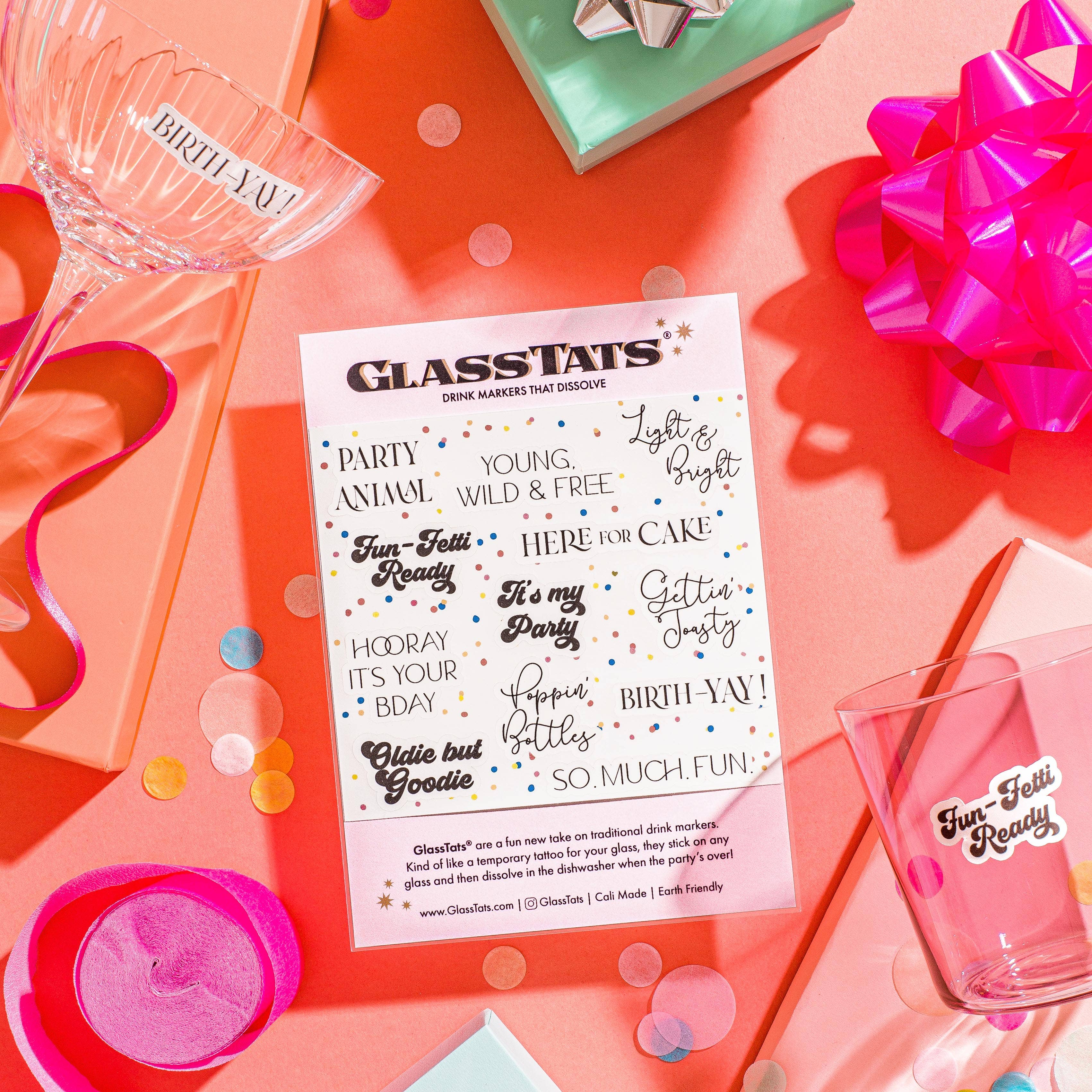 GlassTats - Vente Marqueurs pour verres à vin/cocktail - Marqueurs de boisson d'anniversaire