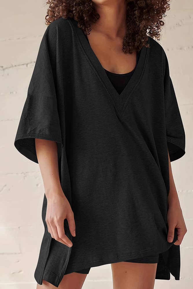 UNISHE - Wholesale Lounge Set - Women's - Summer V Neck Plain Two Pieces Short Set ASJP09013