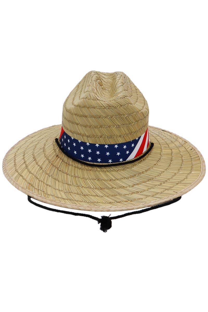 COME MOSTRATO Cappello da bagnino in paglia con banda larga con bandiera americana in vendita all'ingrosso su Faire4