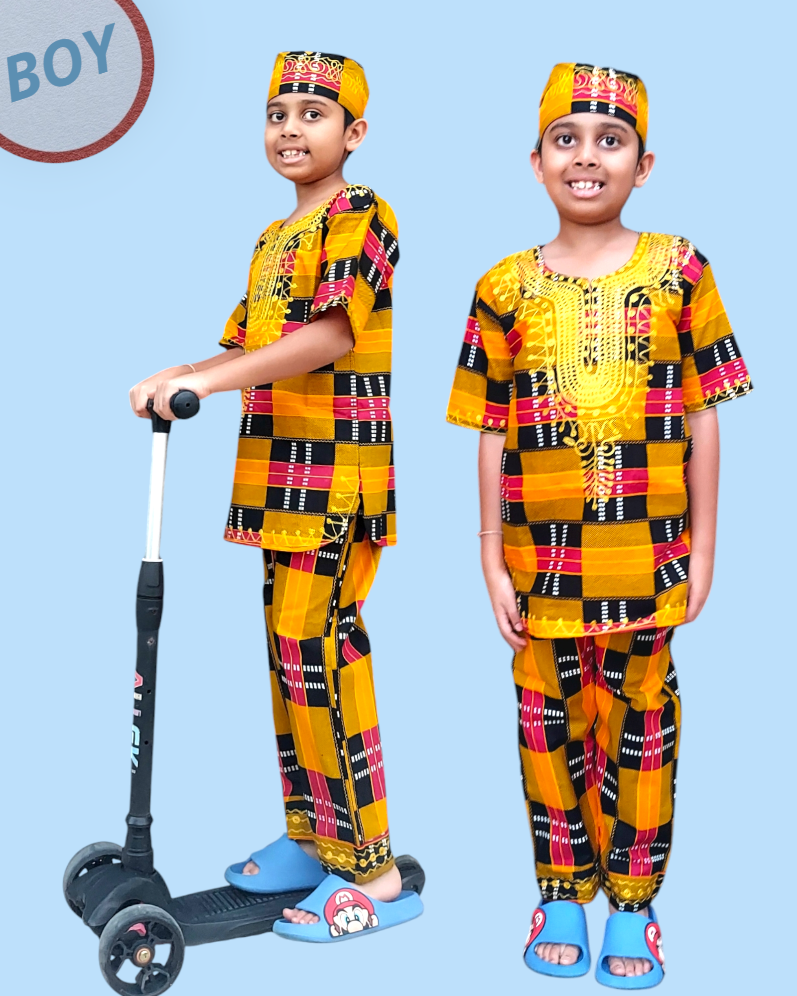 India Batik - Vendita all'ingrosso Completo top e pantaloncini - Bambini - (Confezione da 7) Set 3 Pezzi per Ragazzi/ Pantaloni/Tunica/Cappello Kufi0