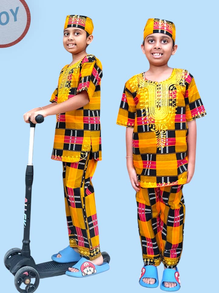 India Batik - Wholesale Top & Pant Set - Kids - (Pack of 7) Boys 3 Pcs Sets/ Pant/Tunic/Kufi Hat F0