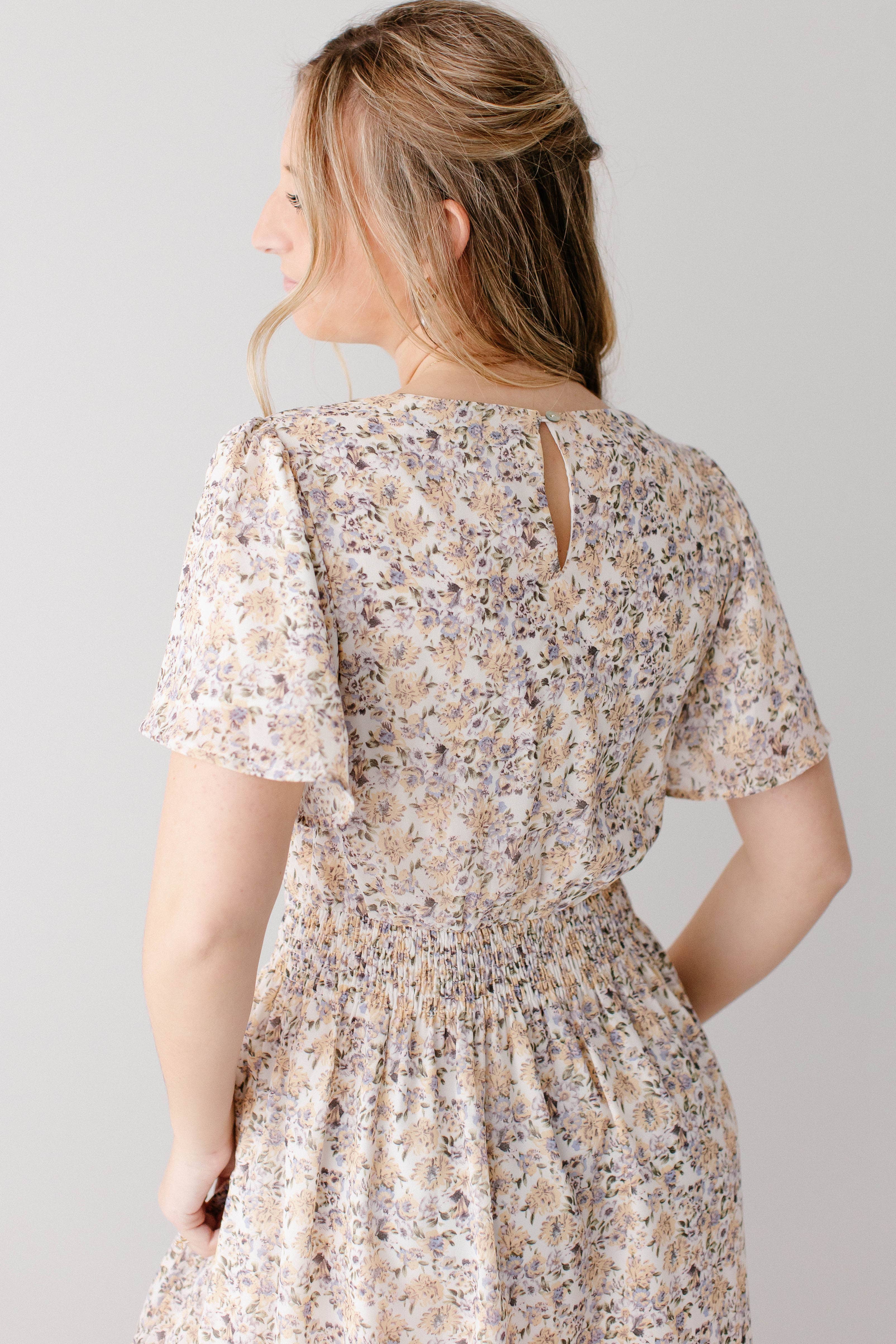 Ivory 'Felicity' Floral Print Smocked Waist Maxi Dress for wholesale on Faire6