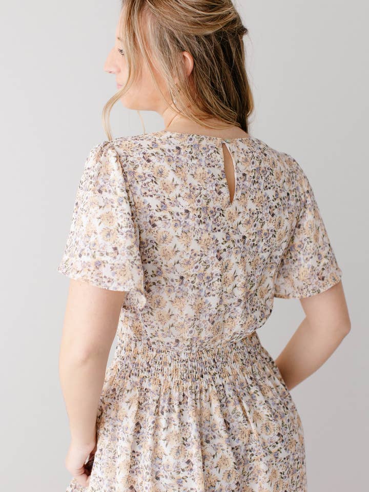 Ivory 'Felicity' Floral Print Smocked Waist Maxi Dress for wholesale on Faire6