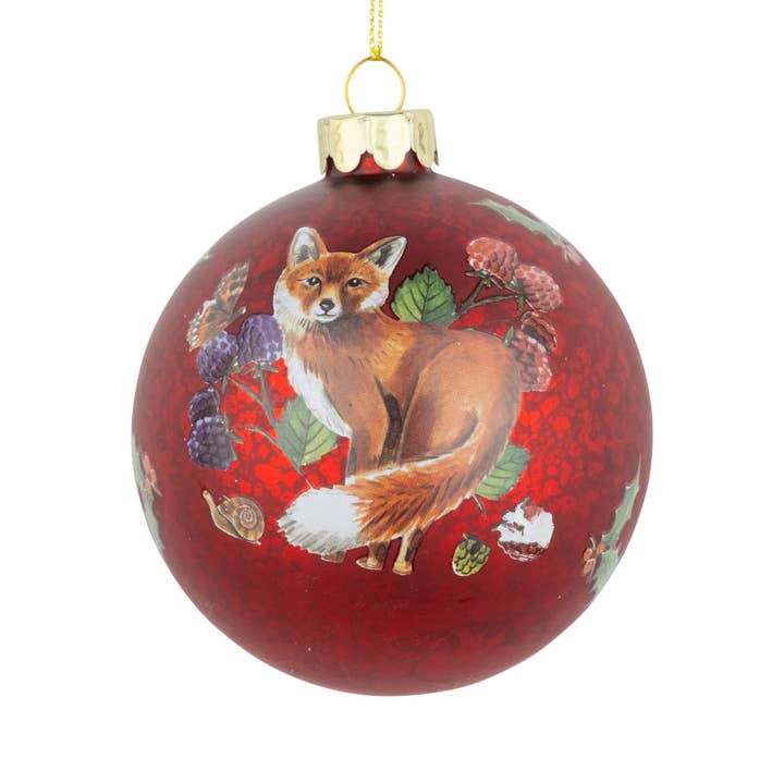 Silver Tree Home & Holiday - Wholesale Ornament - G74283: Gls ball orn,matte red,fox & winter berries,80mm/3in