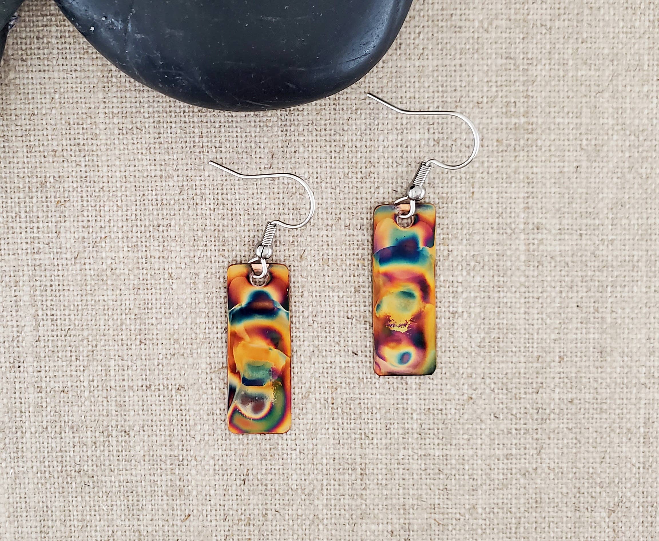 Covaly Artisan Jewelry - Wholesale Dangle Earrings - Flame Paint Small Copper Rectangle Earrings