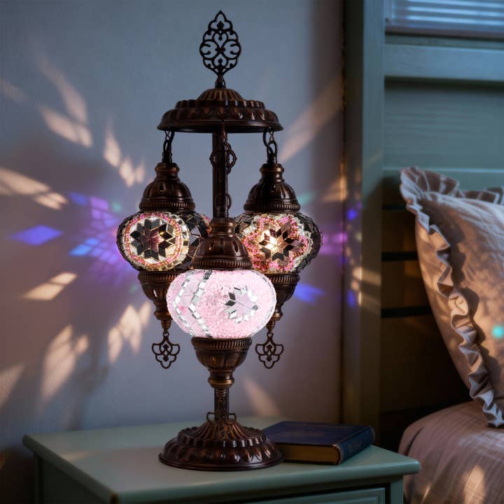 3-Globe Turkish Mosaic Table Lamp (Purple-Pink) for wholesale by Mozaist LLC