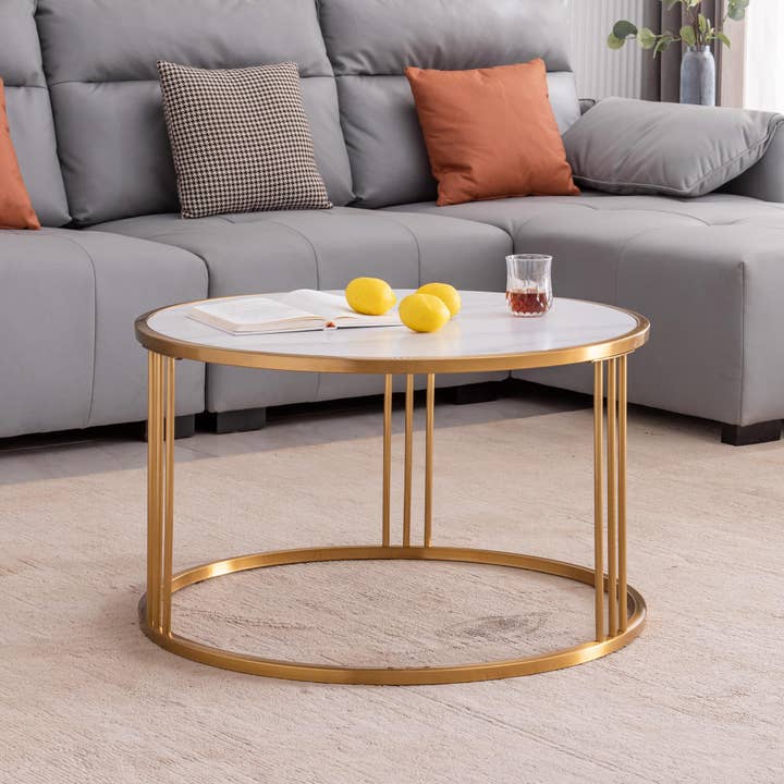 BlakOutlet – wholesale Coffee table – Slate Round Coffee Table With Golden Stainless Steel Frame