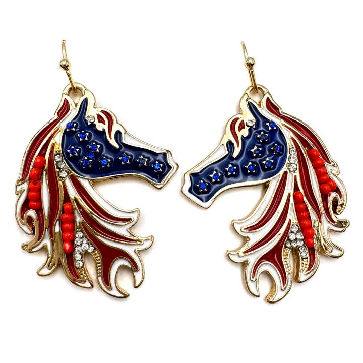 US Flag Color Horse Gold Earrings for wholesale by Lunar Deer