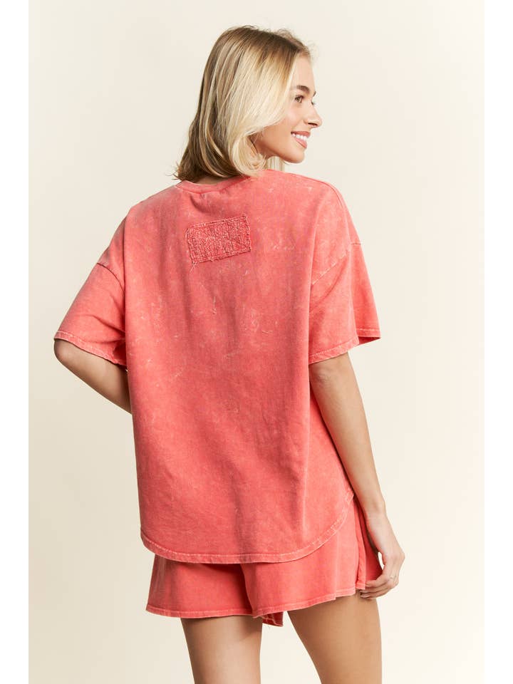 J.Her - Wholesale T-Shirt - Women's - MineralWash Ribbon bow half sleeve shirt HT6308