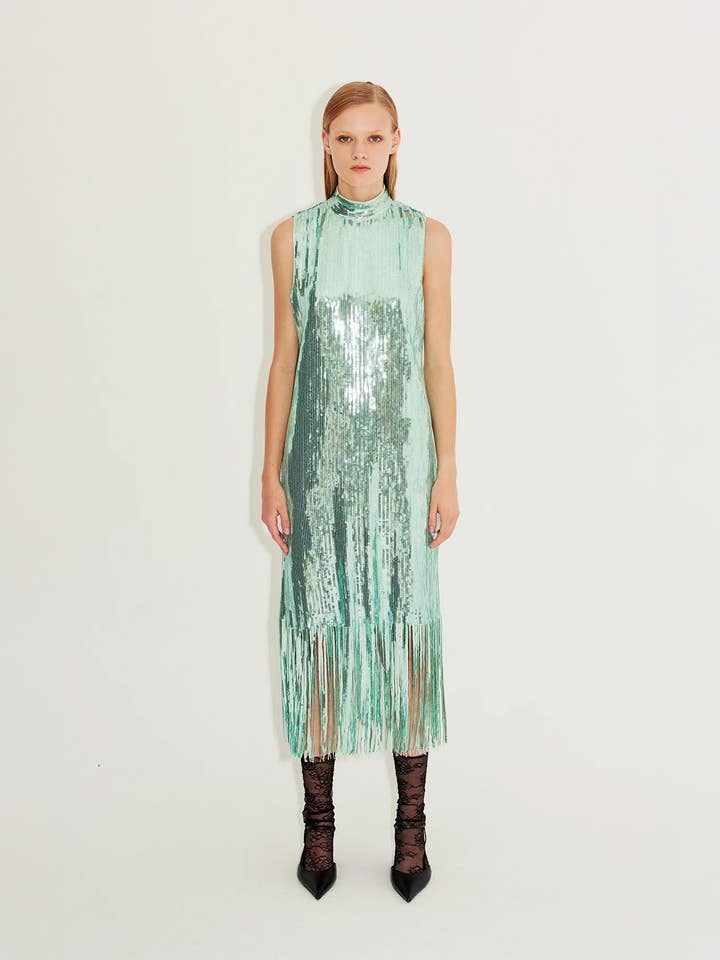 Vestido de lentejuelas con cuello alto en color menta para venta al por mayor de eikō ai