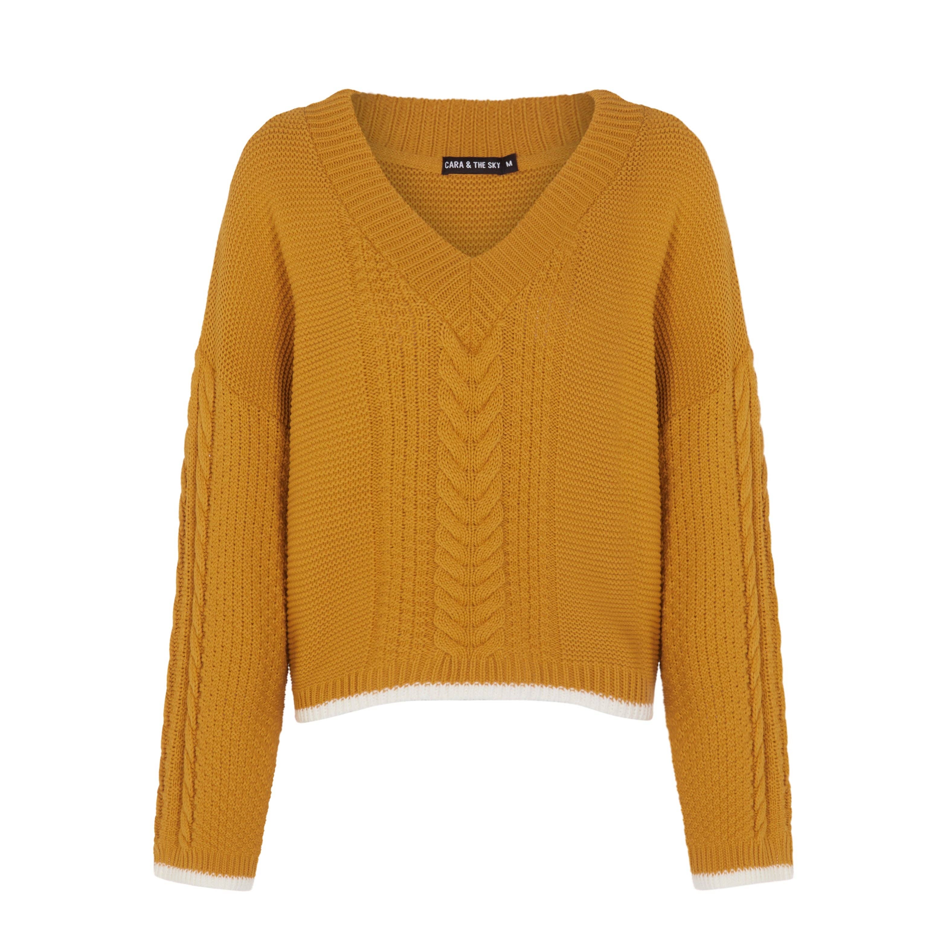 Emma V Neck Cable Jumper - Mustard for wholesale on Faire1