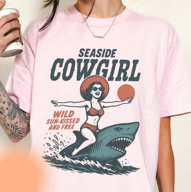 DLT Ecommerce - Wholesale T-Shirt (Graphic) - Unisex - Retro Cowgirl Summer Shirt, Seaside Beach Cowgirl Shirt1