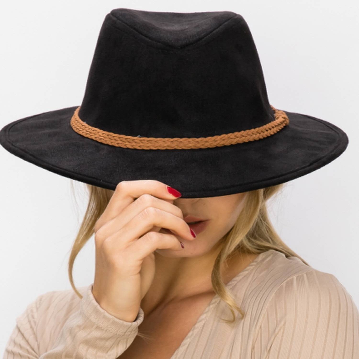 Queens INC - Wholesale Hat Accessory - Women's - Stiff Brim Rancher in  Suede Hat W/ Braided Suede Belt14