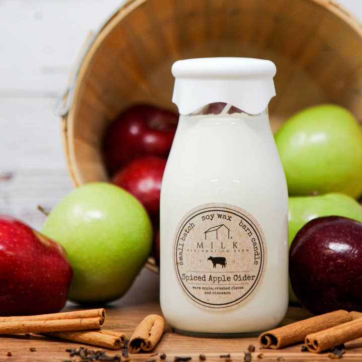 Milk Bottle Candle Spiced Apple Cider for wholesale by Milk Reclamation Barn