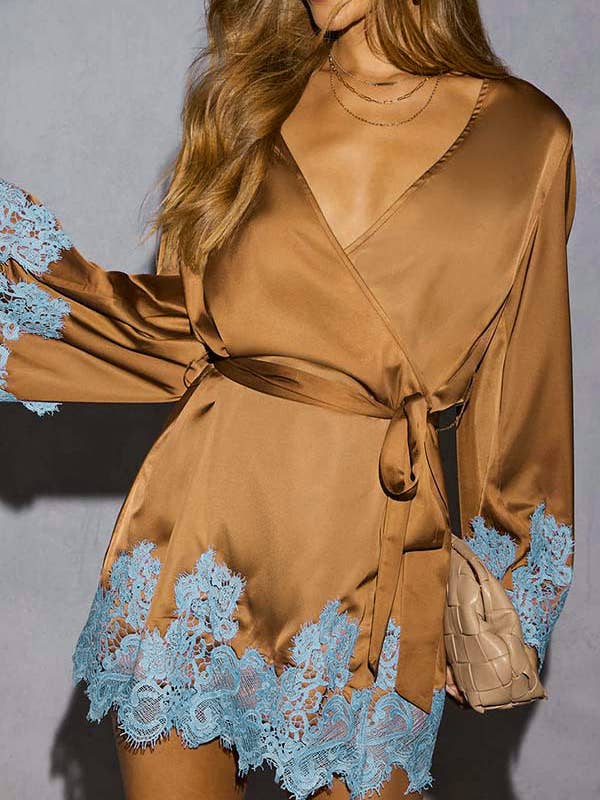 Rosa Clothing - Wholesale Dress - Women's - Satin Lace Trim Patchwork Bell Sleeve Kimono Dress2