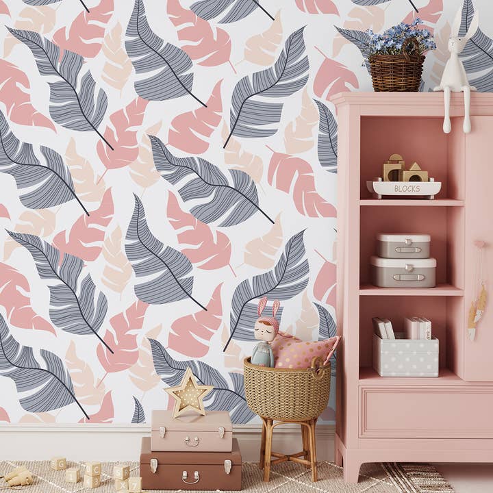 Abstract Leaf Nursery Wallpaper, Pastel Minimal Wall Mural for wholesale by SimurgWallArts