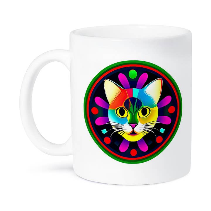 3dRose – wholesale Coffee mug – 3dRose, Smiling cat face. Colorful digital art. Round geometrical frame gift, Mug8