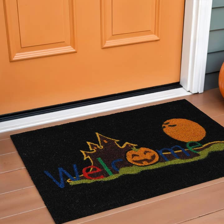 17" X 29" Black And Orange Coir Outdoor Halloween Door Mat for wholesale by HomeRoots