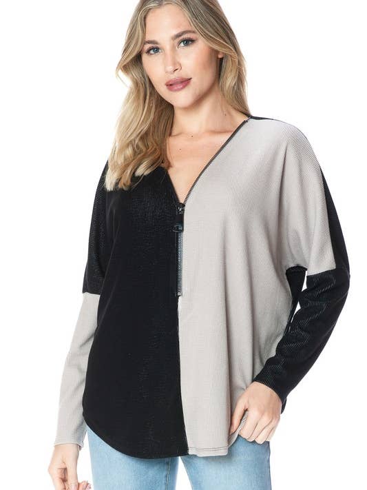 Farveblok Dolman-ærme Lynlåstrøje for engroshandel hos Ariella USA