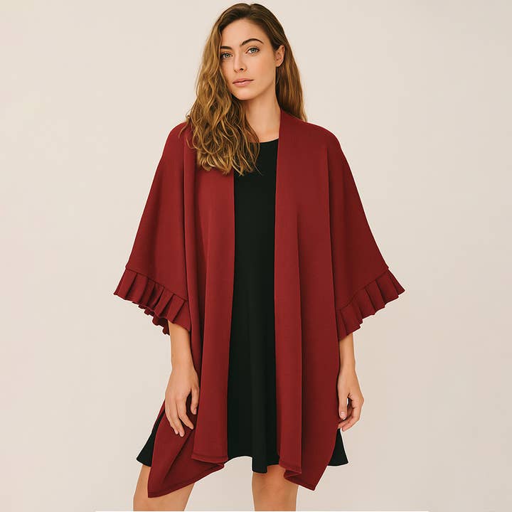 Solid Knit Open Front Ruffled Sleeves Kimono Poncho for wholesale by Sensibling Corp.