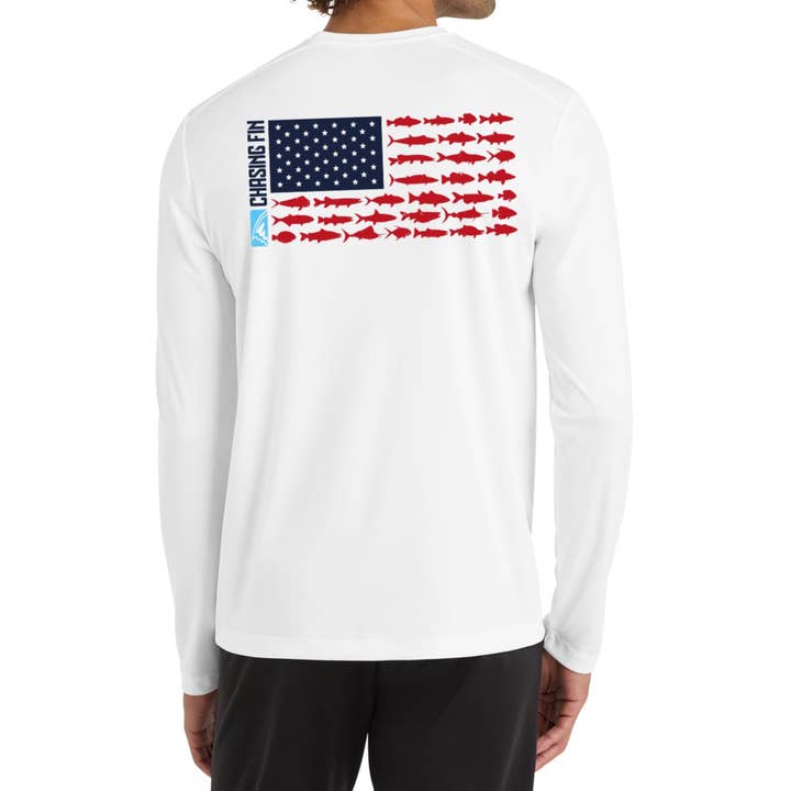 New Edition Chasing Fin's American Fish Flag Performance Patriotic Shirt Long Sleeve for wholesale by Chasing Fin