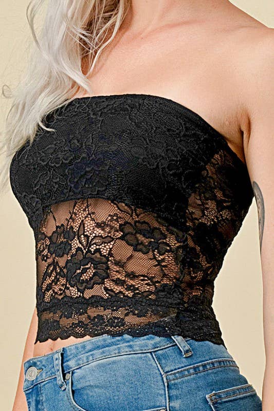 Black 320L FLORAL LACE TUBE TOP for wholesale on Faire8