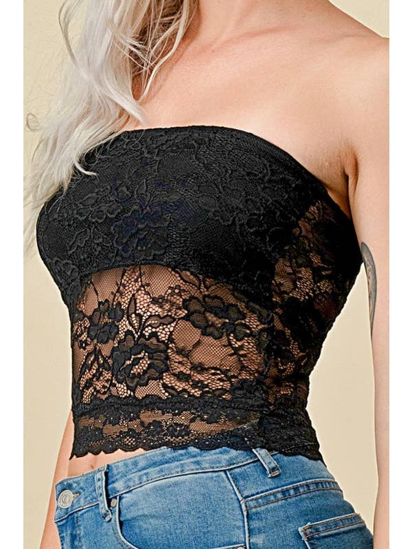 Black 320L FLORAL LACE TUBE TOP for wholesale on Faire8