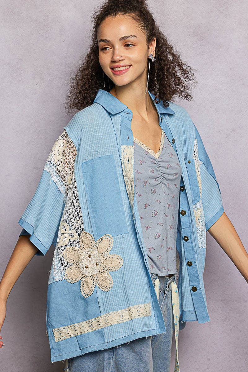 Pol Clothing - Wholesale Button Down Shirt - Women's - Collared Studded Button-down Short Sleeve Knit Shirt Top20