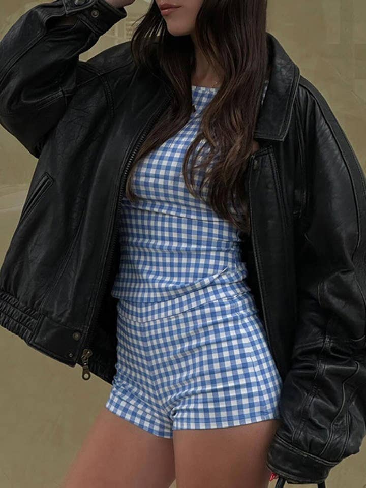 BLUE Gingham Check Sleeveless Top and Shorts Set for wholesale on Faire2