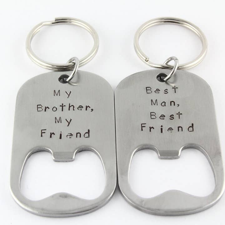 Custom Hand Stamped Groomsman Keychain Bottle Opener for wholesale by The Silver Diva