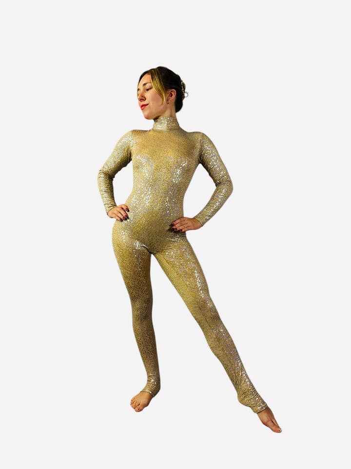Champagne Sequin Catsuit, Fairy Costume, Open Back Spandex Jumpsuit, Iridescent Performance Wear, Turtleneck Long Sleeve Unitard for wholesale by Kikimora Fashion