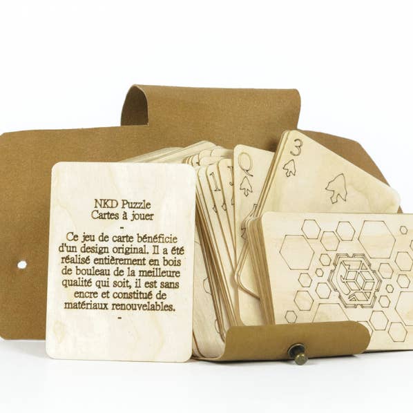 BIRCH WOOD CARD GAME in its leather case. for wholesale by NKD Puzzle