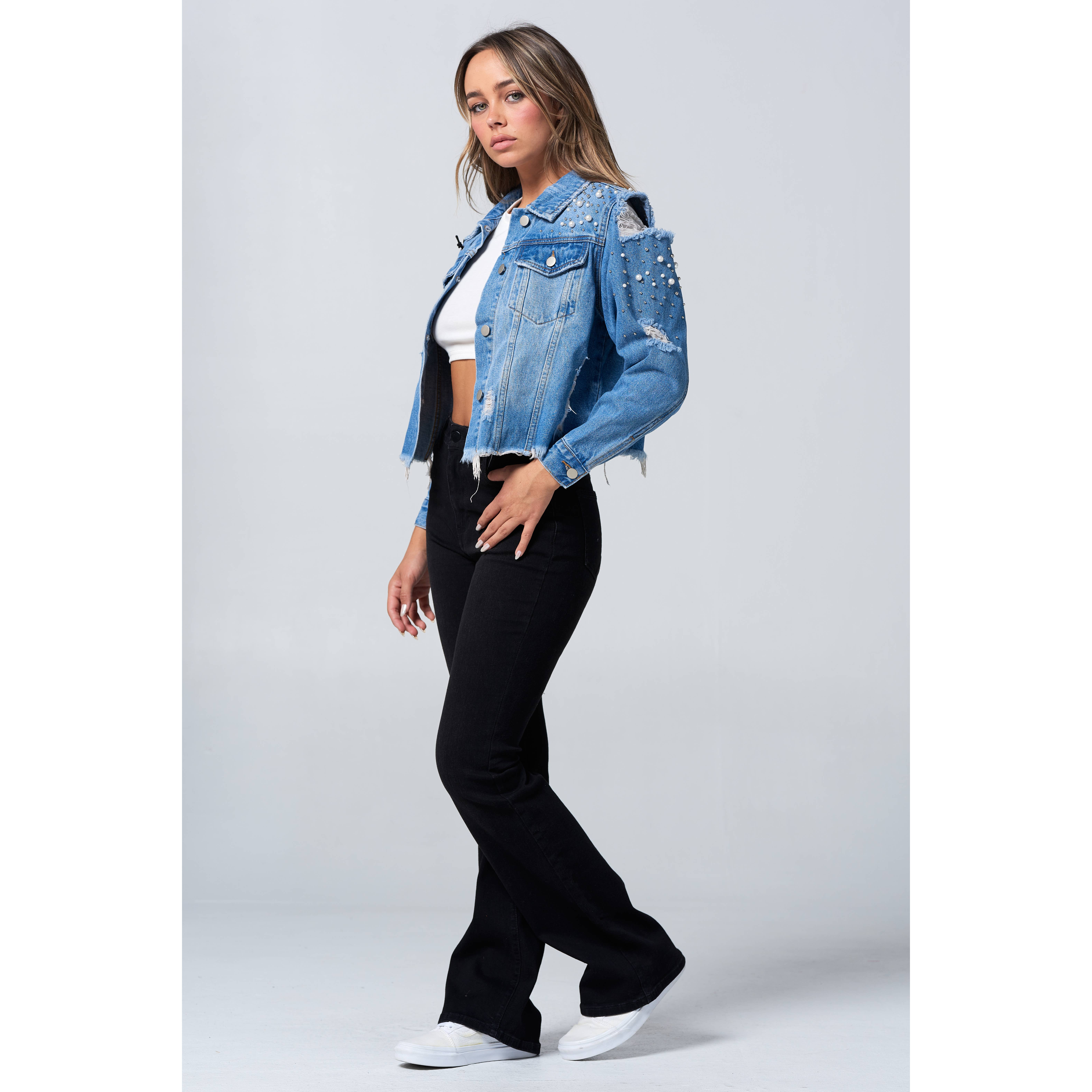 Blue Turtle – wholesale Denim jacket – Women's – Slay Em Distressed Pearl and Rhinestone Denim Jacket Black8