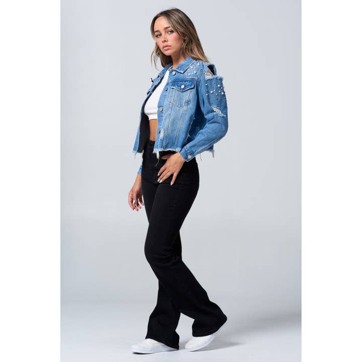 Blue Turtle – wholesale Denim jacket – Women's – Slay Em Distressed Pearl and Rhinestone Denim Jacket Black8