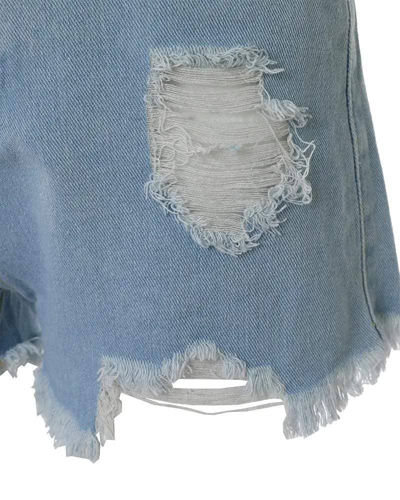 BLUE lip letter print ripped raw hem denim shorts for wholesale on Faire6