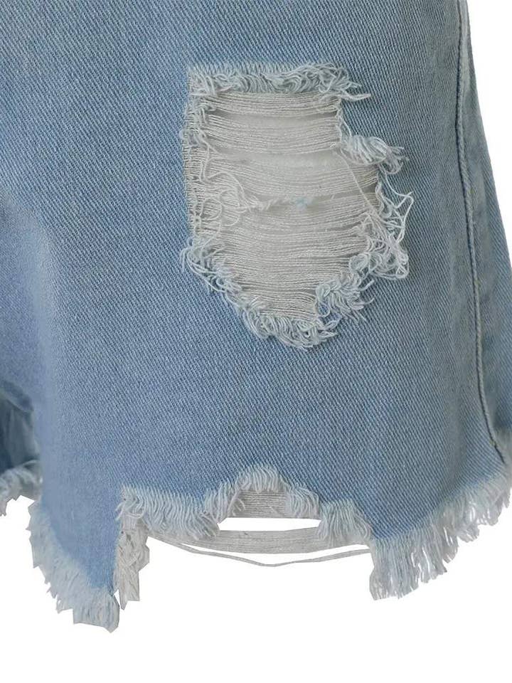 BLUE lip letter print ripped raw hem denim shorts for wholesale on Faire6