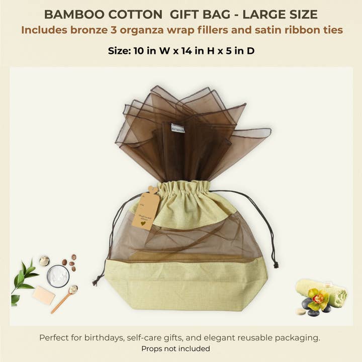 Beauty Blisss - Wholesale Gift Bag - Bamboo Cotton Gift Bag LARGE, Natural Beige, Tag, 3 Wraps5