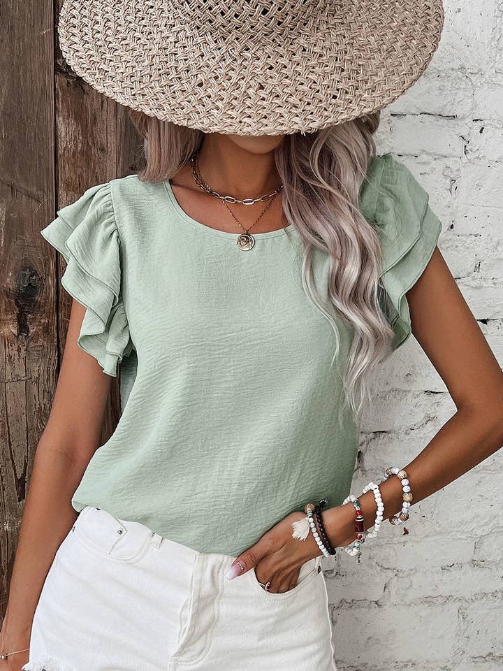 Solid Color Ruffled Short Sleeve Casual Blouse for wholesale by Lovesoft