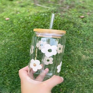 Coffee Cup Iced Coffee Glass Floral Glass Can with Lid Straw