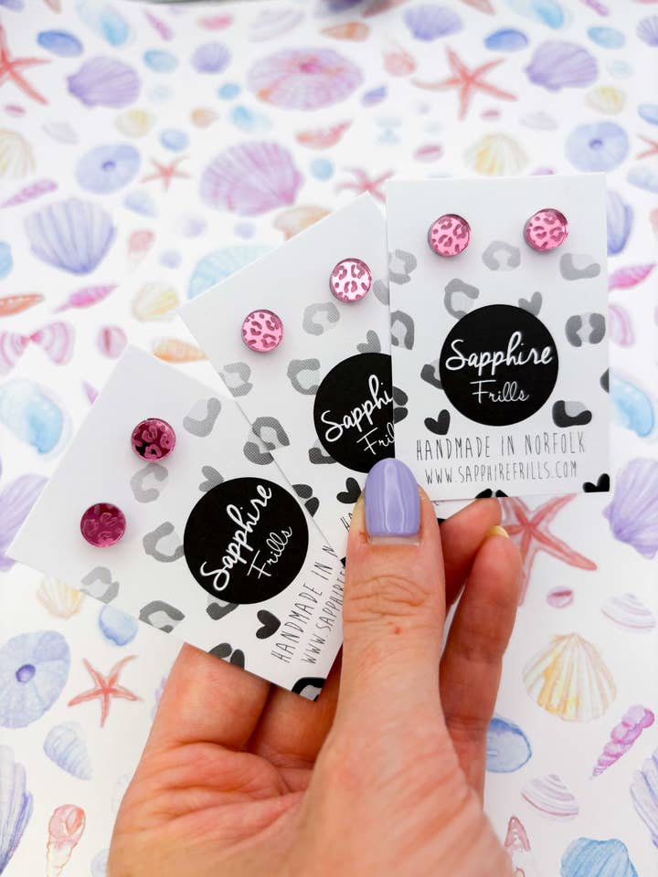 Mini Pink Mirror Leopard Print Circle Stud Earrings for wholesale by Sapphire Frills Ltd